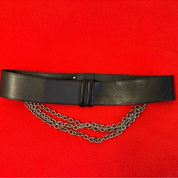 Rare Vintage DKNY Goth Rocker black leather Chain Belt USA Made display picture 3